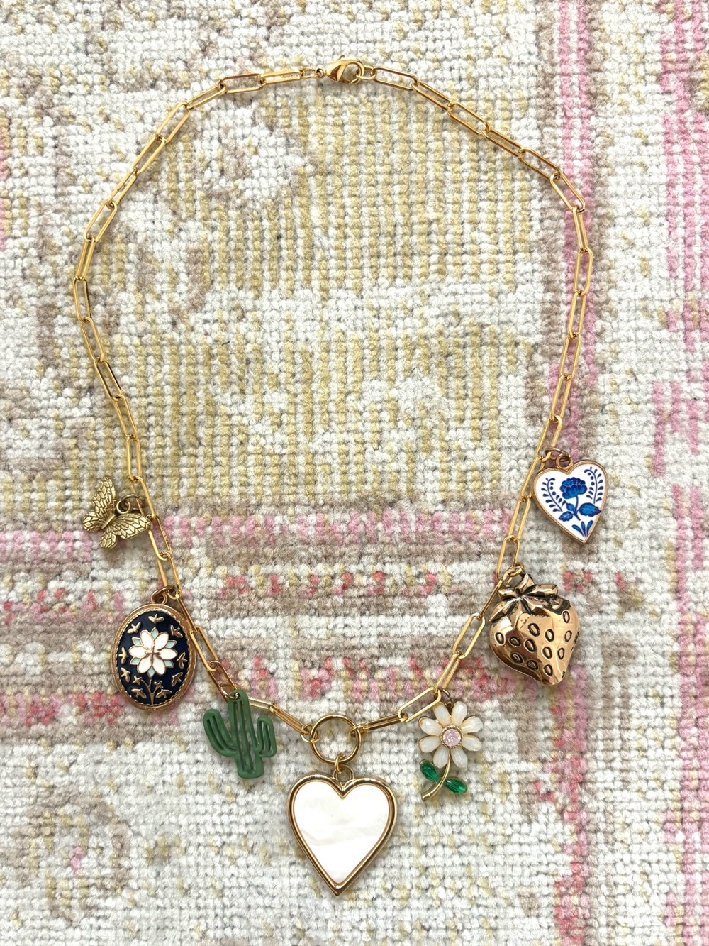 Gold Heart Charm Necklace with Multicolor Enamel Accents